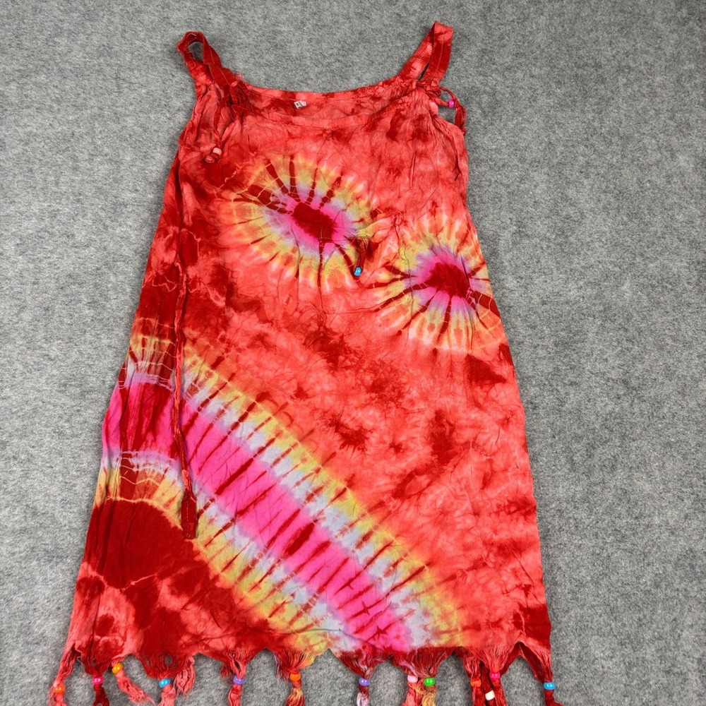 Unbranded Tie Dye Tassel Beaded Dress Womens Size 3 Red Boho Hippie Summer - Picture 3 of 12